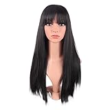 MapofBeauty 24 Zoll/60 cm Frauen lange gerade flache Pony Kunsthaar hitzebeständiges Faserhaar für Party Cosplay Perücke (Braun Schwarz)