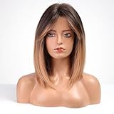 HAIRCUBE Damen Perücke 16 Zoll Braun und Kupfer Blonde Perücke Damen Vorhang Pony Frauen Perücken Synthetische Perücke mit Bangs Welle Perücke für Täglich und Cosplay
