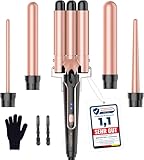 BESTOPE PRO Lockenstab Lockenstäbe 3 Fässer Welleneisen 5 in 1– Lockenstab Set 3 Fässer für großer Wellen, Temperatureinstellung, Schnellaufheizung und einem Handschuh, 2 Clips, Roségold