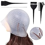 Silikon Highlight Kappe, Strähnchenhaube Haare Färben Hervorhebung Silikon Strähnchenhaube Set Stränchen Haube mit Pinseln und Nadel für Frauen und Mädchen Bläst (Durchsichtiges Weiß)