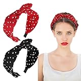 XLIUAX 2 Stück Polka Dots Haarreif Damen, Rockabilly Kaninchen Ohren Haarbänder Frauen, Rutschfest Kopfbedeckungen Elastische Geknotete SchleifenBStirnbänder Vintage Haarschmuck Halloween(Rot Schwarz)