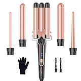 BESTOPE PRO Lockenstab Lockenstäbe 3 Fässer Welleneisen 5 in 1– Lockenstab Set 3 Fässer für großer Wellen, Temperatureinstellung, Schnellaufheizung und einem Handschuh, 2 Clips, Roségold