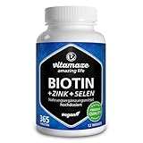 Vitamaze Biotin hochdosiert 10.000 mcg + Selen + Zink für Haare, Haut & Nägel, 365 vegane Tabletten für 1 Jahr, D-Biotin, Nahrungsergänzung ohne Zusatzstoffe, Made in Germany