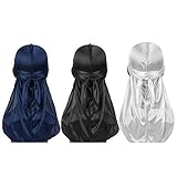 3 Stück Silky Durag Pack mit Wellenkappe für Männer Frauen Wellen, Satin Doo Rag, Kopfwickel Durag Long Tail Kopftuch Soft Cap für Haarwellen