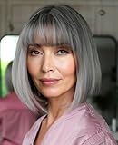 YEESHEDO Kurze Bob Grau mit dunkler Wurzel Haar Perücken Gerade mit Flach Pony Synthetische Bunte Cosplay Tägliche Party Perücke für Frauen Natürliche Wie Echthaar 30 cm