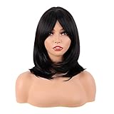 MapofBeauty 18 Zoll/45 cm Layered Bangs Gerade Synthetische Faser Schulter Länge Haar Tägliche Verwendung Perücke (Schwarz)