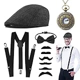 Aurasky 20er Jahre Herren Accessoires, Mafia Kostüm Zubehör Herren, 20er Outfit mit Gangster Hut Hosenträger Taschenuhr Fliege Bart 1920s Kostüm für Karneval Halloween Partys