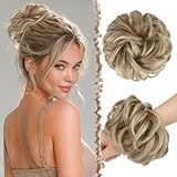 FESHFEN Haarteil Mit Gummiband, Groß Dutt Haarteil Haargummi Mit Haaren Gelockt Haardutt Synthetisch Haarverlängerung Pferdeschwanz Haarteile für Damen Mädchen, Gemischte Blond & Aschblond Spitzen 55g