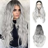VOSSOT Perrücke Frauen Perücke Damen Lang, Perücke Grau Damen Perücke Silber, Stilvoll Komfortabel Ombré Perücken Damen Wig, 26 Zoll Perücke Lang Peruecken Damen für Täglichen Gebrauch Partys Cosplay