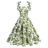 Odizli Rockabilly Kleider Damen Elegant Vintage 50er Jahre Petticoat Kleid Sommer Spaghettiträger Blumen A Linie Swing Knielang Sommerkleid Hochzeitsgast Festlich Cocktailkleid Abendkleid Grün M