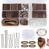 HONZUEN 385 Stück Haarklammern Set – 150 U-Haarnadeln, 125 Bobby Pins, 100 Haargummis, 6 Dutt-Netze, 4 Haargummis – Frisuren Zubehör für Damen, Braun Haarspangen Dutt Set mit Aufbewahrungsbox
