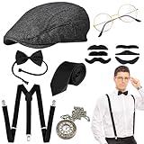 Tigvio 20er Jahre Kostüm Herren, Mafia Peaky Blinders Gatsby Gangster Accessoires Mit Panamahut, Hosenträger, Taschenuhren, Brille, Fliege, Krawatte, Bärte