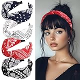 BOOMTOP 4pcs Haarreifen Breit Stirnband Paisley Damen Haarbänder mit Knoten Rockabilly Haarreif Plissiert Kopfband Vintage Haarschmuck Kopfbedeckung für Mädchen Frauen Rot Schwarz Weiß Dunkelblau
