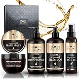 Argan Deluxe Haarpflegeset für Frauen und Männer - Arganöl Shampoo, Spülung, Maske und Haaröl in Friseurqualität - Geschenkset für Weihnachten, 4 Produkte