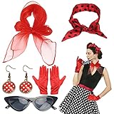 LOPOTIN 5TLG Rockabilly Accessoires 50er Jahre Damen Kleid Zubehör 1950s Kostüm Set mit Chiffon Schal Polka Dot Stirnband Katzen Auge Brille Rot 60er Jahre Kleidung für Motoparty Retro Teily Party