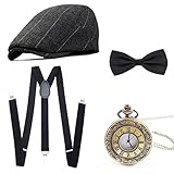 Wagoog 1920s Herren Accessoires Mafia Gatsby Kostüm set Inklusive Panamahut Verstellbar Elastisch Hosenträger Herren Halsschleife Fliege und Vintage Taschenuhr